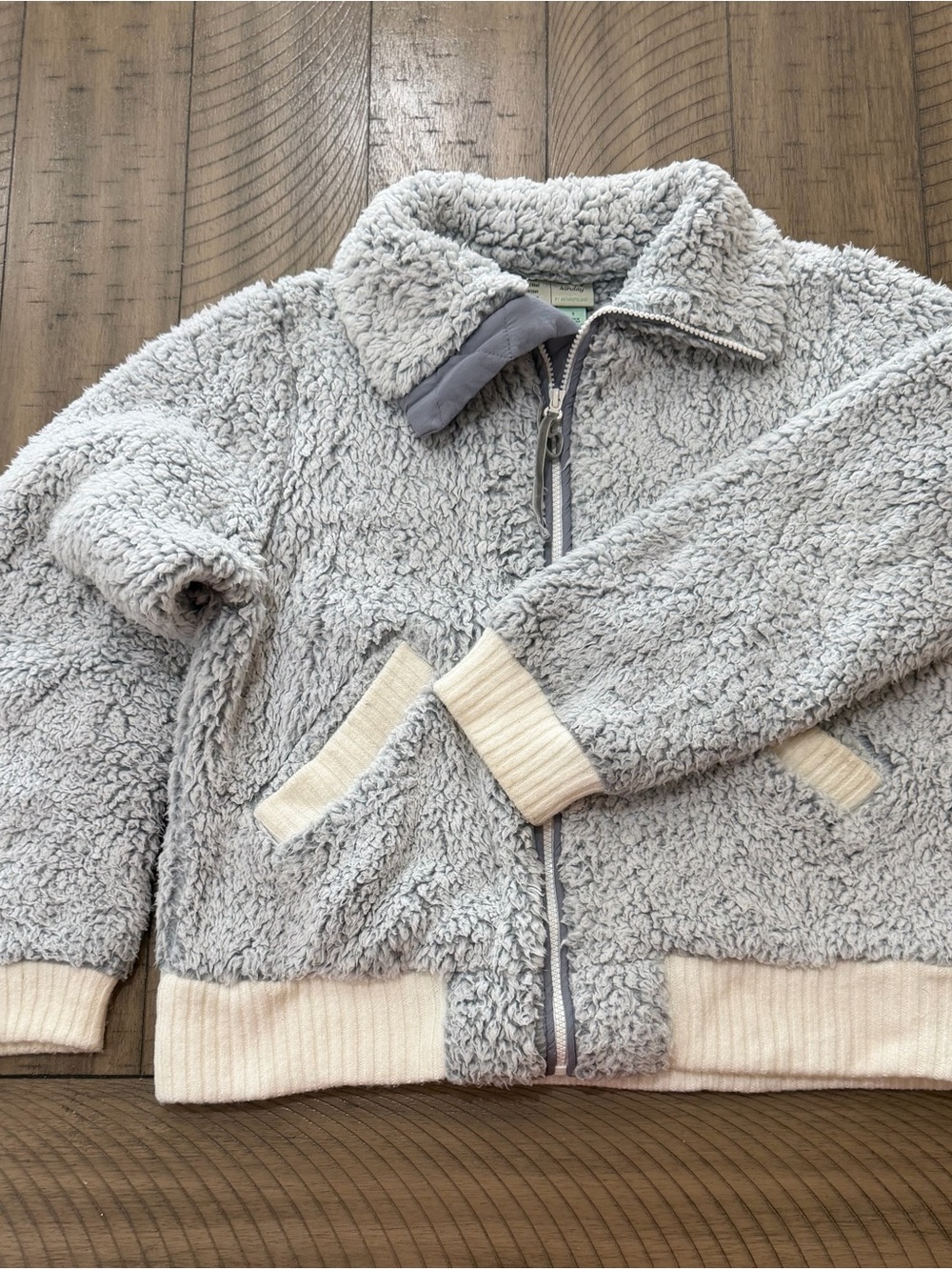 Anthropologie Kids Plush Sherpa Zip Jacket in Light Gray with Cream Trim